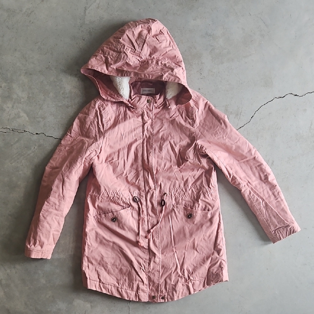 Pink Hooded Jacket Coat Zip Up And Button Removable Hood